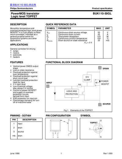 Philips BUK110-50GL PowerMOS Transistor Datasheet - cover page