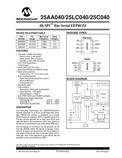 Microchip Technology 25AA040/25LC040/25C040 Data Sheet - cover page