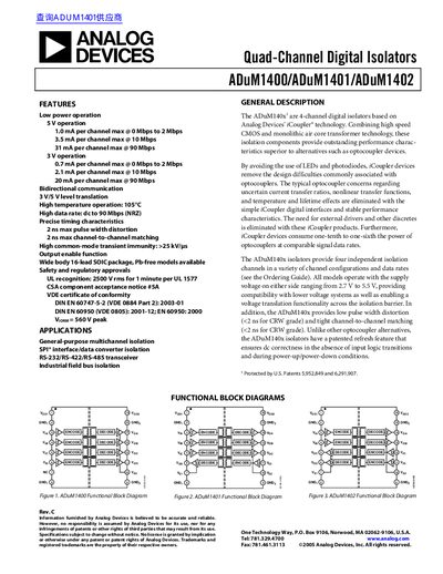 Analog Devices ADuM1400/ADuM1401/ADuM1402 Quad-Channel Digital Isolators Datasheet - cover page