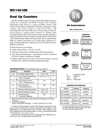 ON Semiconductor MC14518B Dual Up Counters Datasheet - cover page