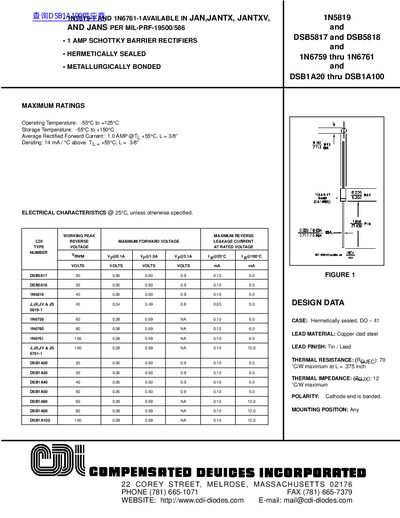 CDI Schottky Diode Series 1N5819, DSB5817, DSB5818, 1N6759‑1N6761, DSB1A20‑DSB1A100 Datasheet - cover page