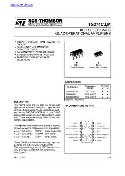 SGS-THOMSON TS274C/I/M High-Speed CMOS Quad Operational Amplifiers Datasheet - cover page
