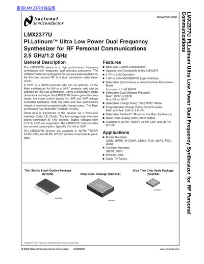 National Semiconductor LMX2377U PLLatinum Ultra Low Power Dual Frequency Synthesizer Datasheet - cover page