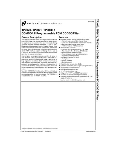 National Semiconductor TP3070/TP3071/TP3070-X COMBO II Programmable PCM CODEC/Filter User Manual - cover page
