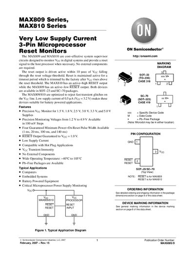 ON MAX809 Series MAX810 Series Very Low Supply Current 3 Pin Microprocessor Reset Monitors handbook - cover page