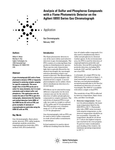 Agilent 6890 Series GC FPD Analysis of Sulfur and Phosphorus Compounds Application Note - cover page
