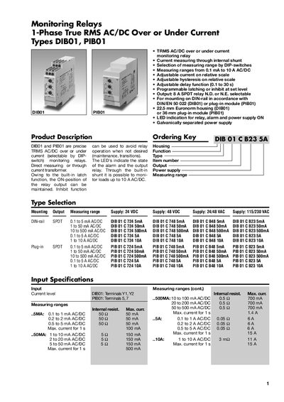 Monitoring Relays 1-Phase True RMS AC/DC Over or Under Current Types DIB01 PIB01 - cover page
