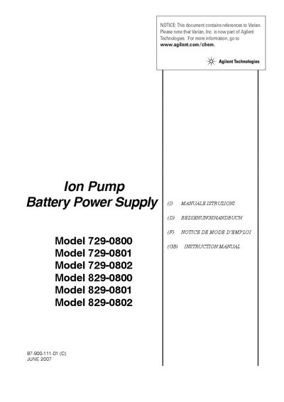 Agilent Technologies Ion Pump Battery Power Supply 729-0800 Manual - cover page