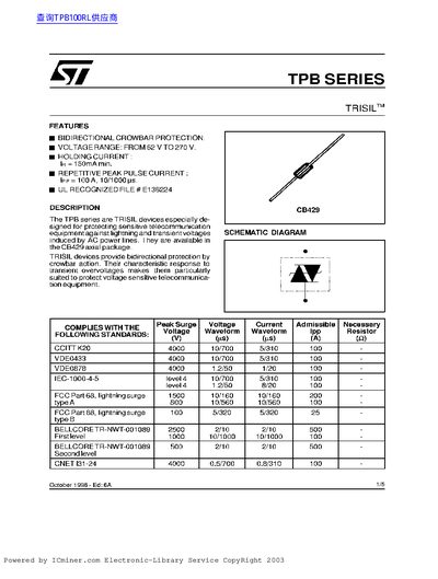 STMicroelectronics TPB Series TRISIL Bidirectional Crowbar Protection Datasheet - cover page