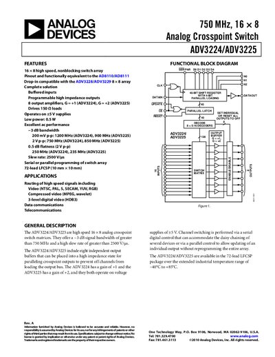 Analog Devices ADV3224/ADV3225 Analog Crosspoint Switch Datasheet - cover page
