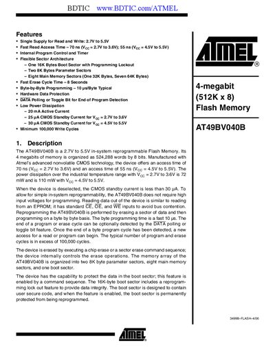 Atmel AT49BV040B Flash Memory Datasheet - cover page