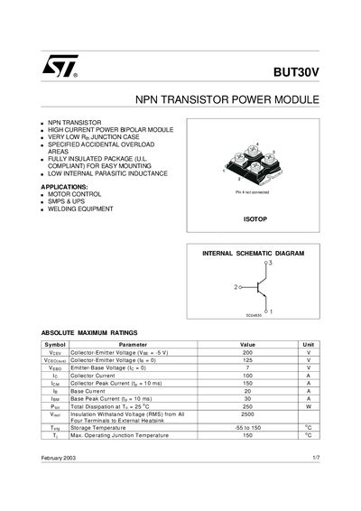 STMicroelectronics BUT30V NPN Transistor Power Module Datasheet - cover page