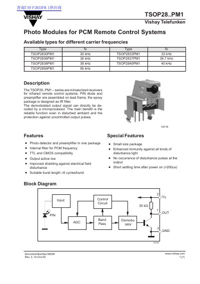 Vishay TSOP28..PM1 Infrared Receiver Datasheet - cover page