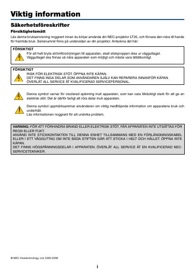 NEC LT20 Projector User Manual - cover page