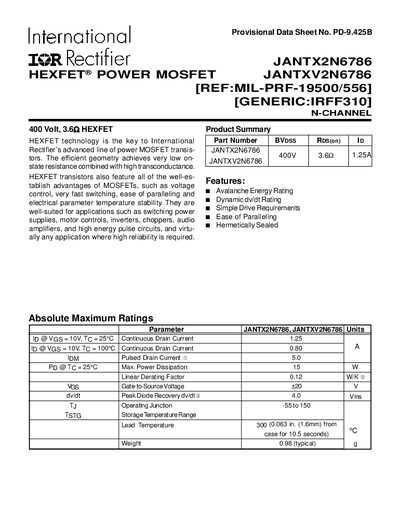 International Rectifier JANTX2N6786 & JANTXV2N6786 Datasheet - cover page