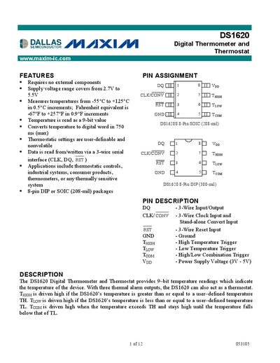 Maxim DS1620 Digital Thermometer and Thermostat Datasheet - cover page