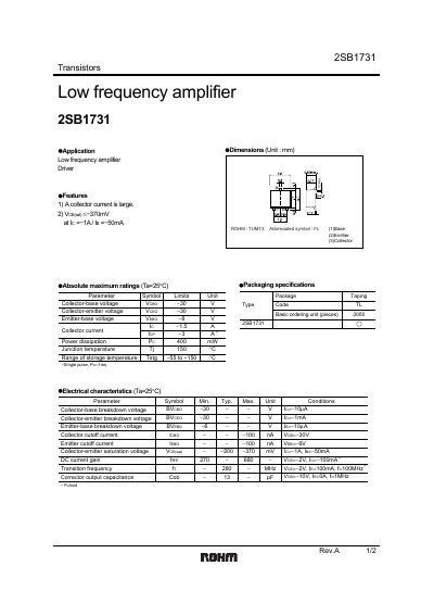 ROHM 2SB1731 Transistor Datasheet - cover page