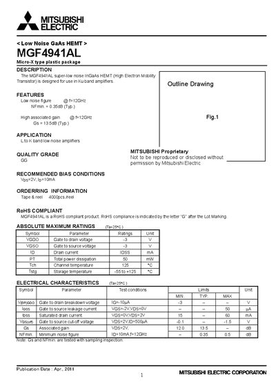 Mitsubishi MGF4941AL Low Noise GaAs HEMT Datasheet - cover page