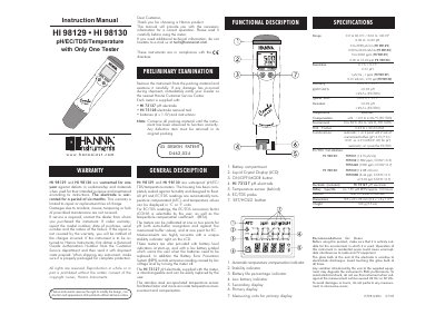 Hanna Instruments HI 98129/98130 pH/EC/TDS/Temperature Meter Instruction Manual - cover page