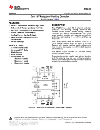Texas Instruments TPS2456 Dual 12 V Protection/Blocking Controller Datasheet - cover page