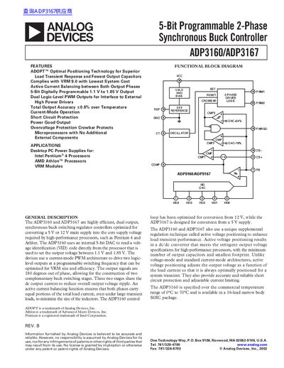 ANALOG DEVICES ADP3160/ADP3167 5-Bit Programmable 2-Phase Synchronous Buck Controller handbook - cover page