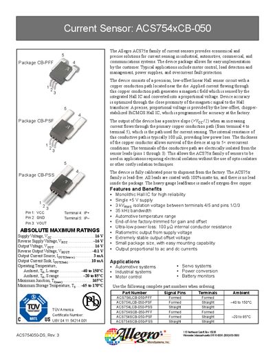 Allegro MicroSystems ACS754xCB-050 Current Sensor Datasheet - cover page
