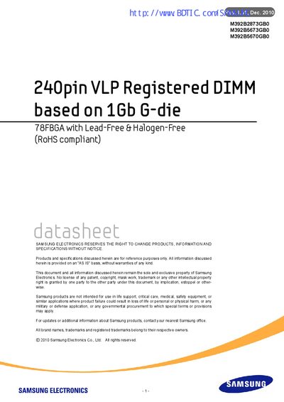 Samsung M392B2873GB0 DDR3 VLP Registered DIMM Datasheet - cover page