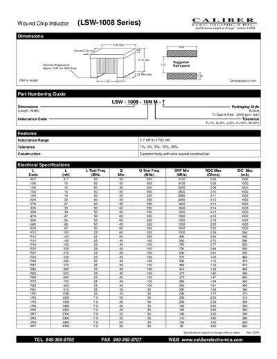 Caliber LSW-1008 Series Wound Chip Inductor Data Sheet - cover page