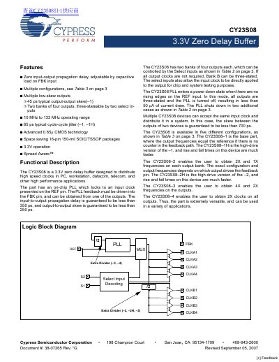 Cypress Semiconductor CY23S08 Zero Delay Buffer Datasheet - cover page