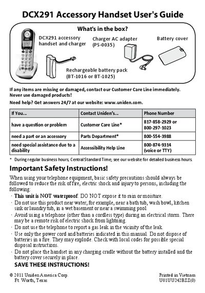 Uniden DCX291 Accessory Handset User's Guide - cover page