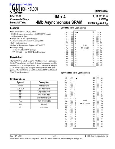 Giga Semiconductor GS74104TP/J Datasheet - cover page