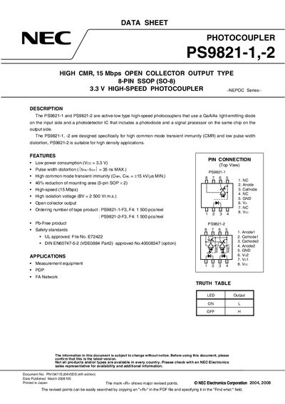 NEC PS9821-1/PS9821-2 Photocoupler Data Sheet - cover page