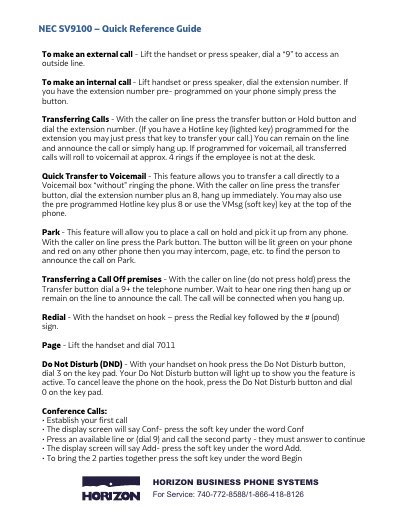 NEC SV9100 Business Phone System Quick Reference Guide