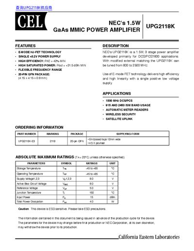 CEL UPG2118K GaAs MMIC Power Amplifier Datasheet - cover page