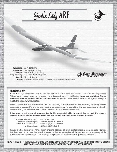 Great Planes Gentle Lady ARF Assembly Manual - cover page