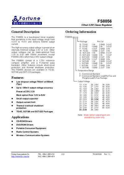 Fortune FS8856 550mA LDO Linear Regulator Datasheet - cover page