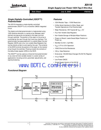 Intersil X9119 Digital Potentiometer Datasheet - cover page