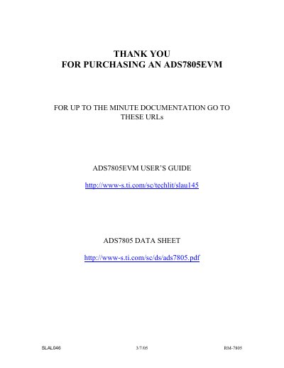 TEXAS INSTRUMENTS-ADS7805EVM-Readme-Page-Thank-You-Letter Data Converters - cover page