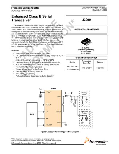 Freescale MC33990 Enhanced Class B Serial Transceiver Datasheet - cover page