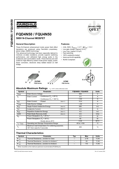 Fairchild Semiconductor FQD4N50/FQU4N50 N-Channel MOSFET Datasheet - cover page