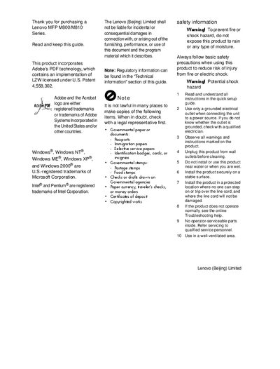Lenovo M800/M810 Series MFP User Manual - cover page