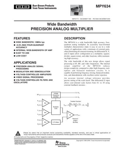 Texas Instruments MPY634 Wide Bandwidth Precision Analog Multiplier Datasheet - cover page