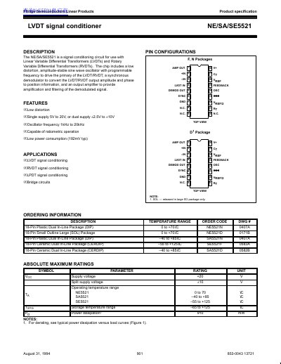 Philips Semiconductors NE/SA/SE5521 LVDT Signal Conditioner Datasheet - cover page