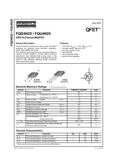 Fairchild Semiconductor FQD4N25/FQU4N25 250V N-Channel MOSFET Datasheet - cover page