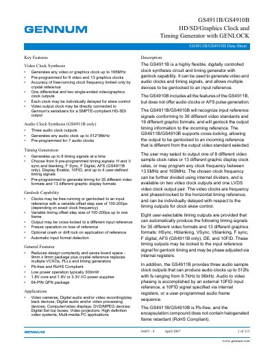 Gennum GS4911B/GS4910B HD/SD/Graphics Clock and Timing Generator Data Sheet - cover page