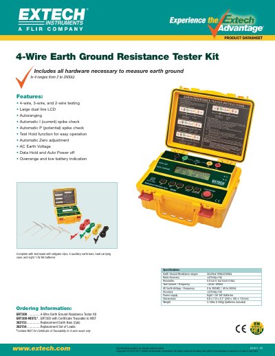 EXTECH GRT300 ..............4-Wire Earth Ground Resistance Tester Kit GRT300-NISTL* ..GRT300 with Certificate Traceable to NIST 382153................Replacement Earth Bars (2pk) 382154.............. - cover page