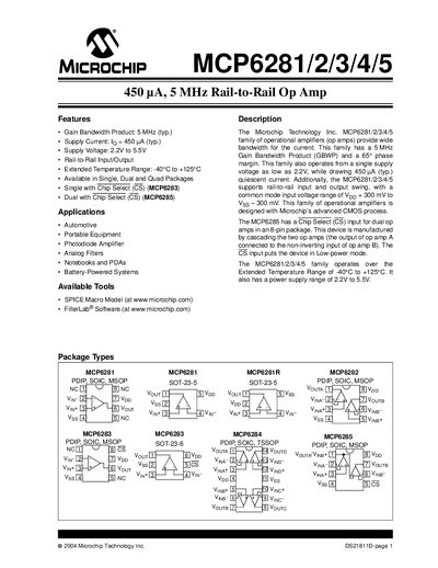 MICROCHIP MCP6281/2/3/4/5 450 A 5 MHz Rail-to-Rail Op Amphandbook - cover page