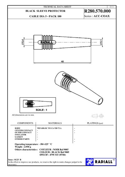 RADIALL BLACK SLEEVE PROTECTOR R280.570.000 CABLE DIA 5 - PACK 100 Series : ACC-COAX - cover page