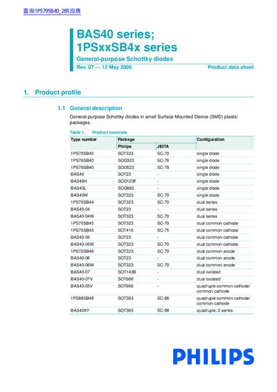 PHILIPS BAS40 series 1PSxxSB4x series General-purpose Schottky diodes handbook  - cover page