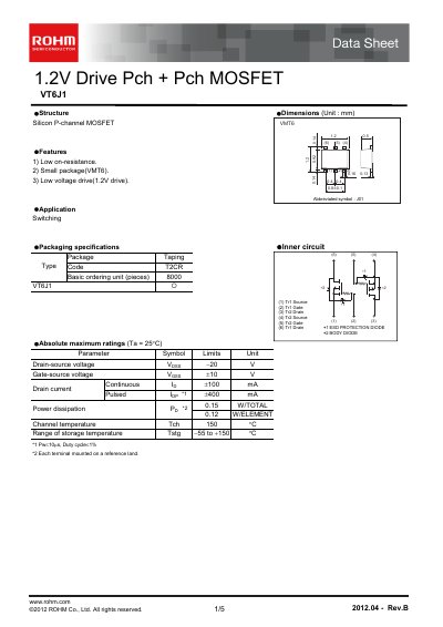 ROHM VT6J1 P‑Channel MOSFET Datasheet - cover page